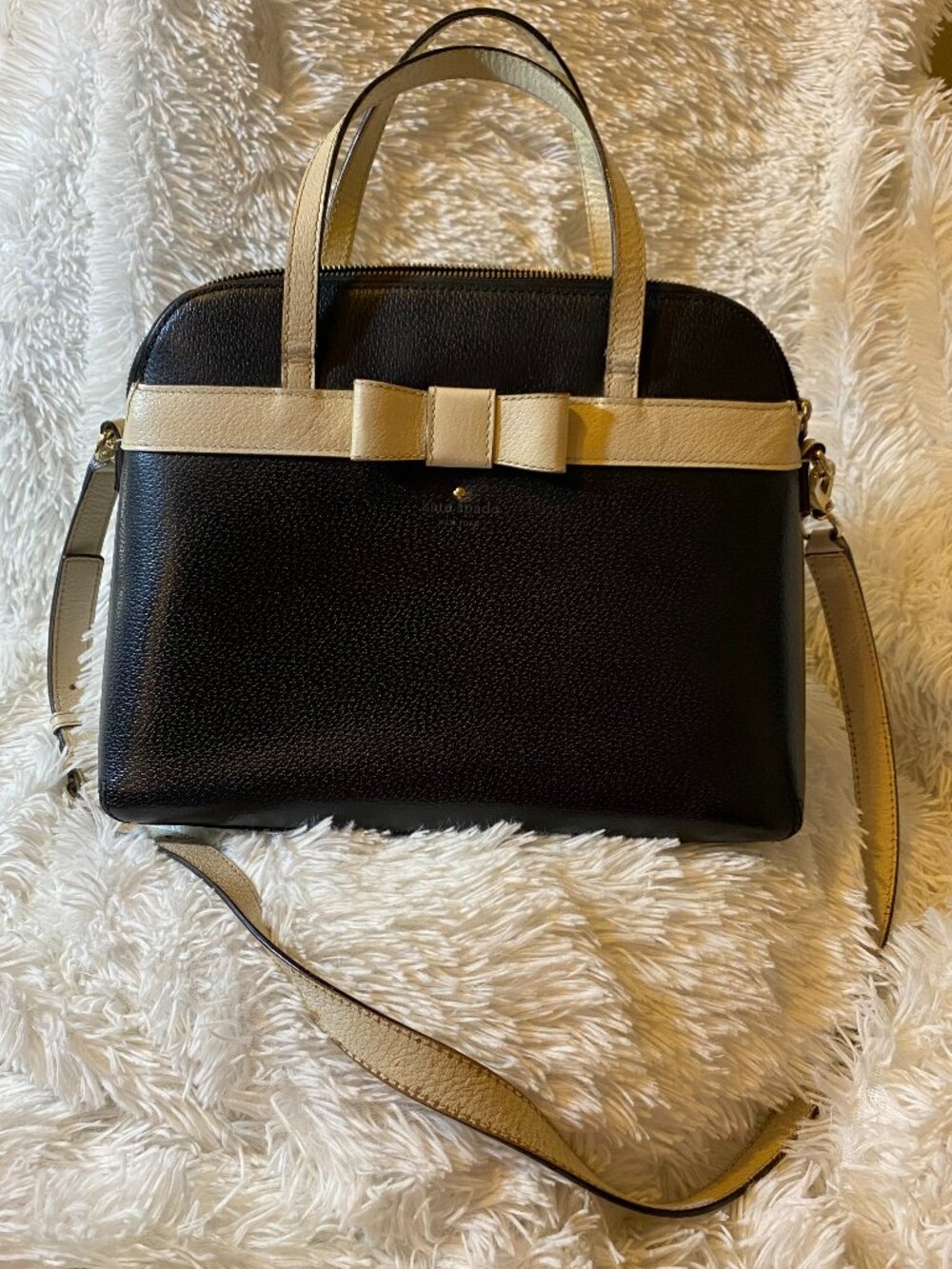 KATE SPADE New York Black Kirk Park Saffiano Leather Julia Beige Bow Satchel Bag